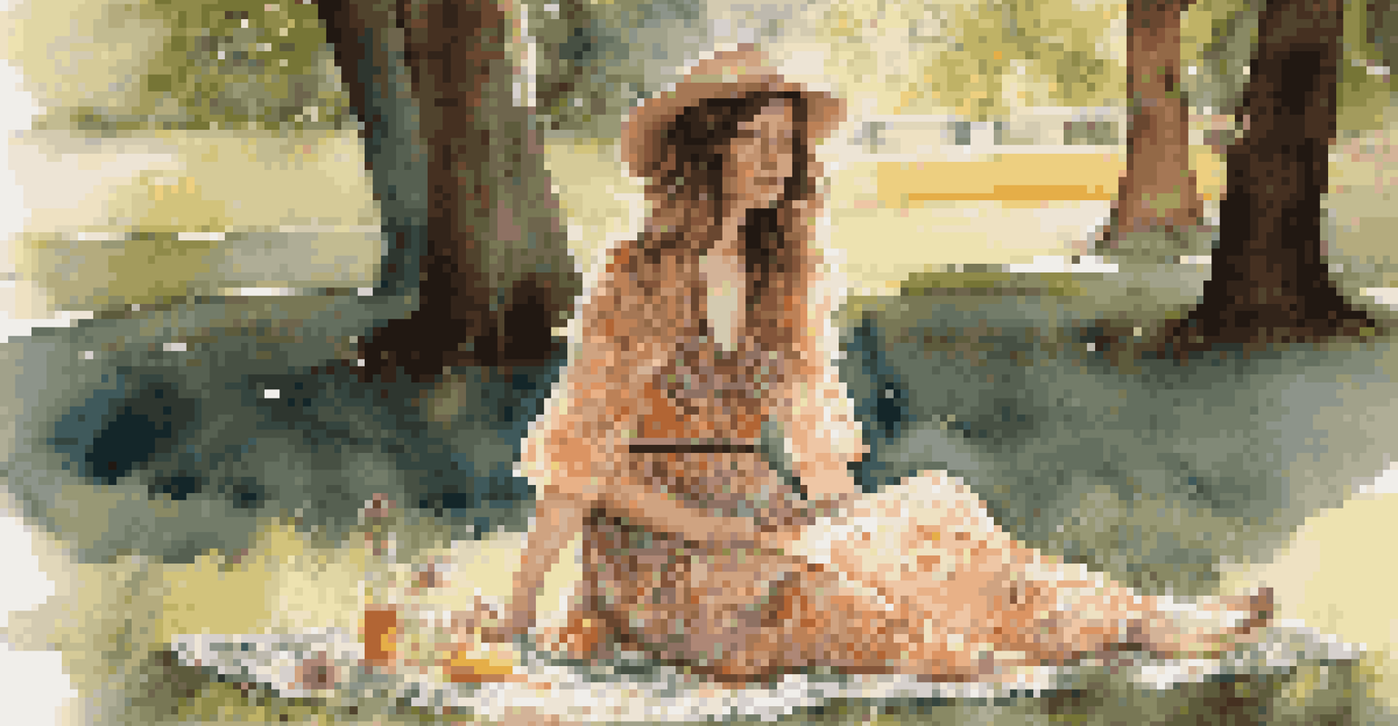A young woman in a vintage 1970s bohemian dress, sitting on a picnic blanket in a sunlit park surrounded by flowers.