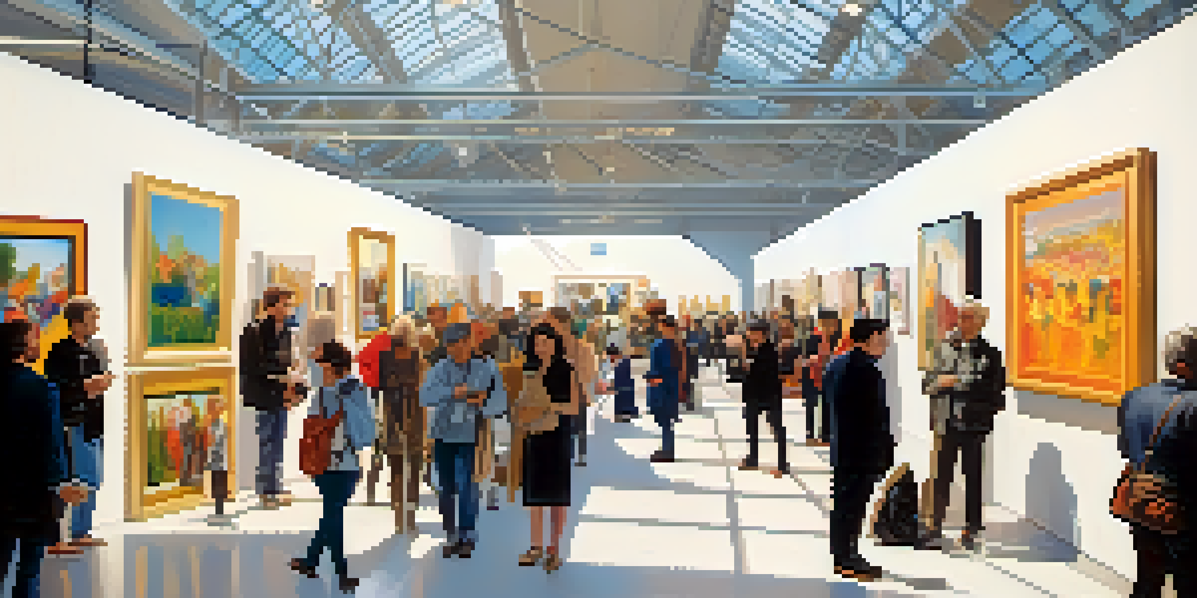 A vibrant scene of an international art fair with diverse artworks and engaged visitors in a spacious gallery setting.