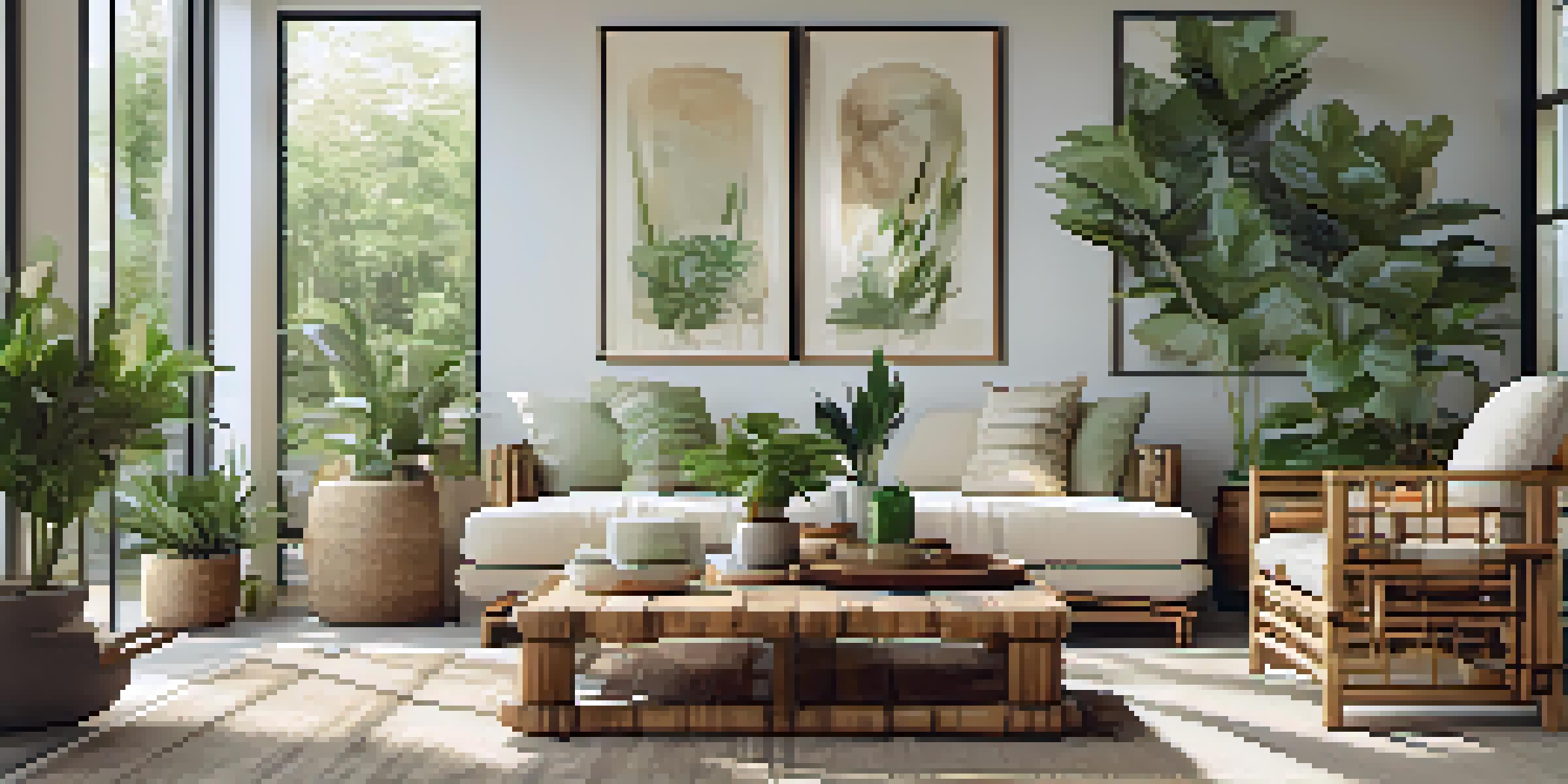A living room with reclaimed wood furniture, bamboo accents, and organic cotton textiles, filled with natural light and indoor plants, showcasing a sustainable luxury aesthetic.