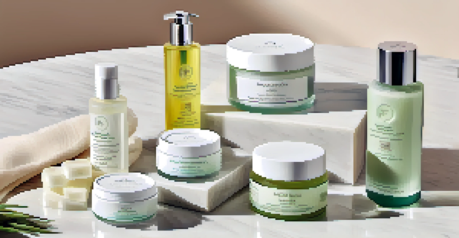 A flat lay of luxurious skincare products and natural ingredients on a marble countertop.
