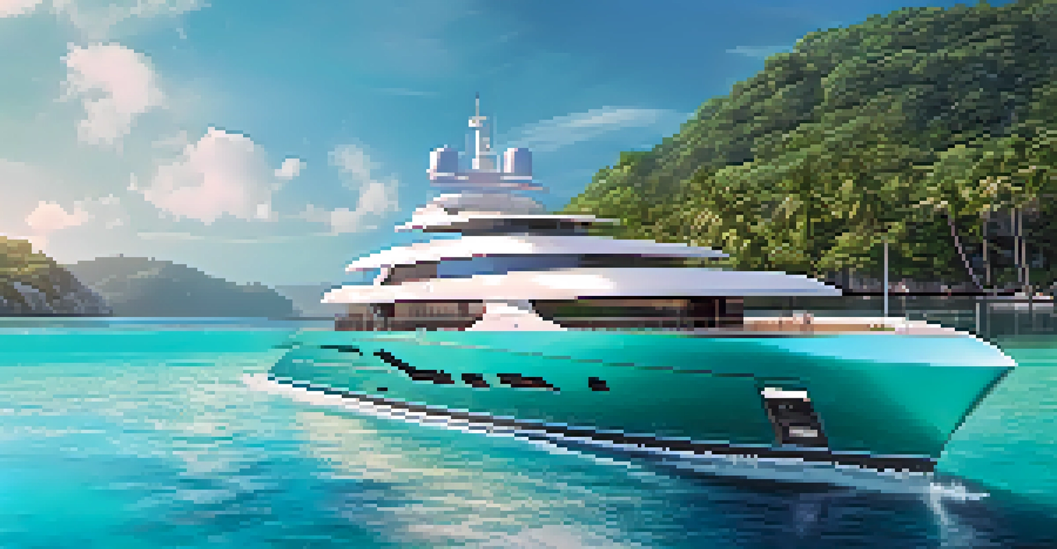 A stylish luxury yacht in clear blue waters with eco-friendly materials, showcasing technology on the deck, set against a tropical island backdrop.