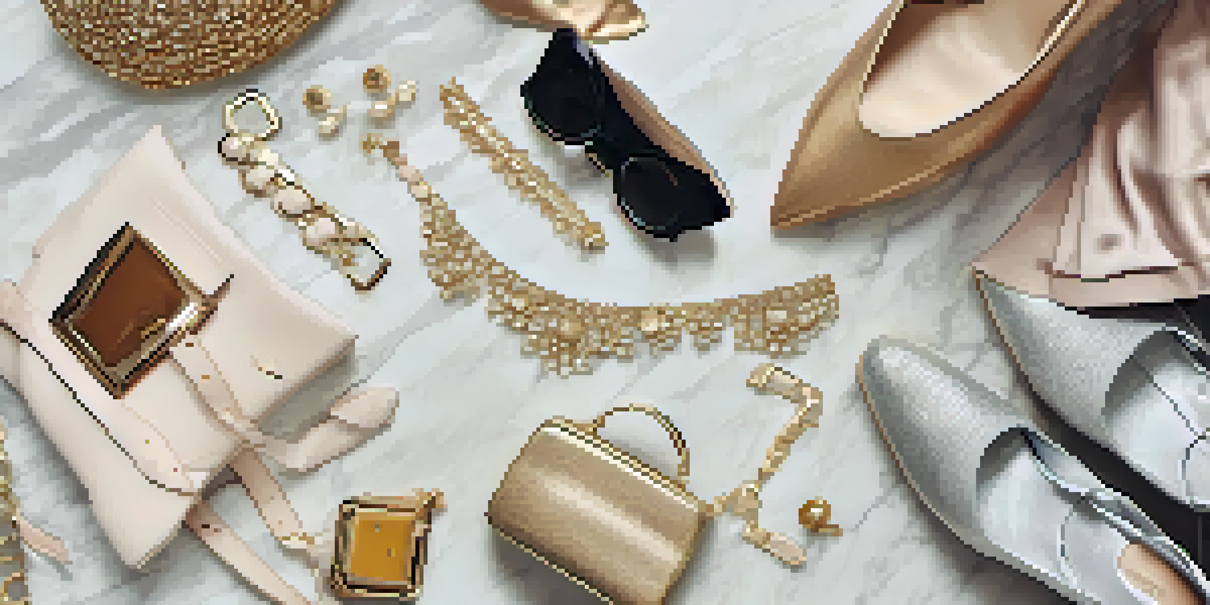 A flat lay of luxury fashion rental items, featuring a designer dress, accessories, and shoes on a marble surface, well-lit to showcase details.
