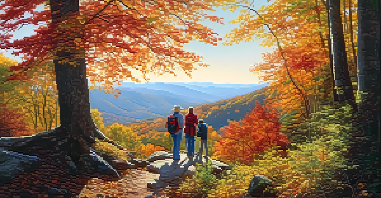 A family hiking in the colorful autumn woods along the Blue Ridge Parkway.