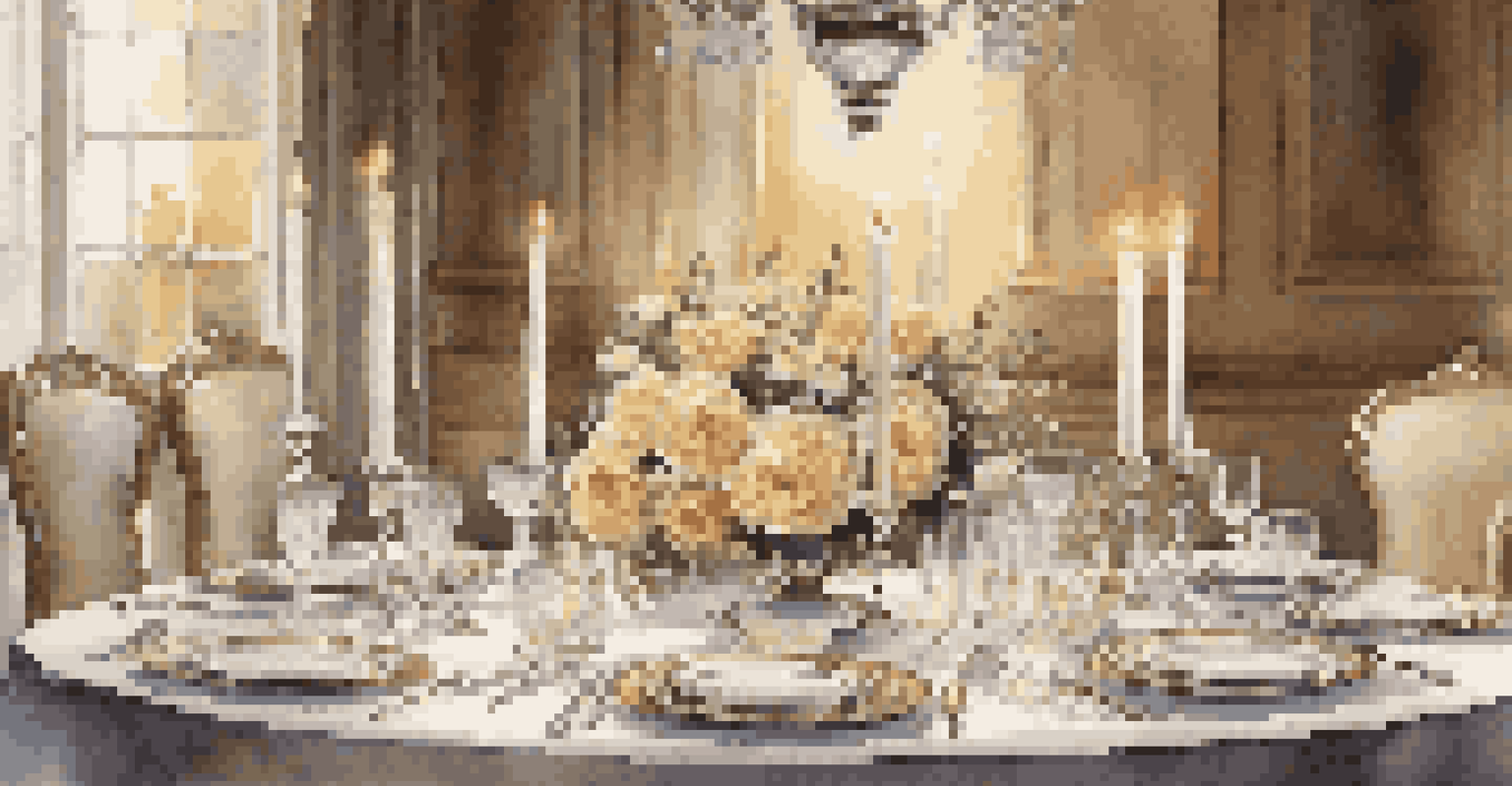 An elegant dining table set with fine china and crystal glassware, illuminated by candlelight.