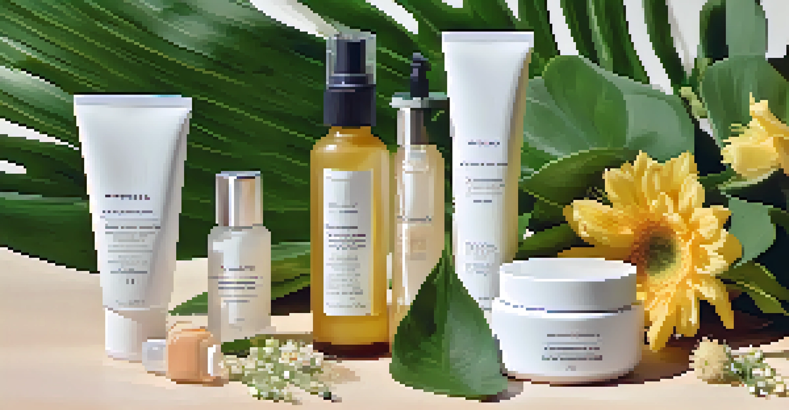 A flat lay of various skincare products surrounded by flowers and leaves, arranged on a wooden surface.