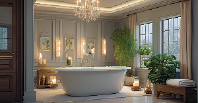 A peaceful bathroom with a bubble-filled bathtub, candles, and plants, designed for relaxation.