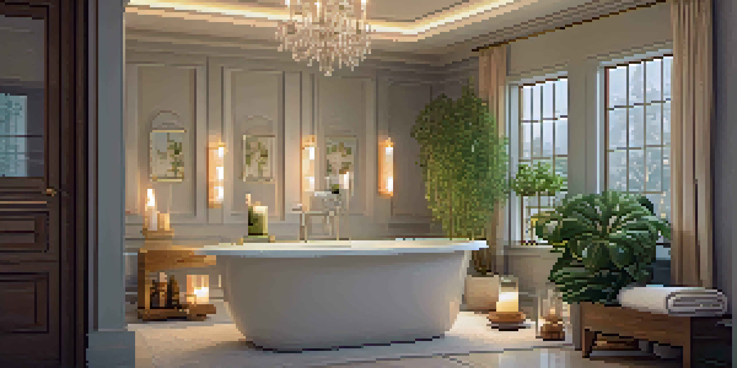 A peaceful bathroom with a bubble-filled bathtub, candles, and plants, designed for relaxation.