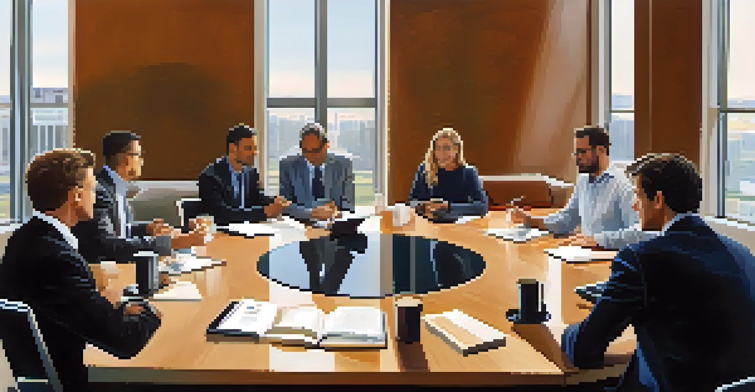 A small group of professionals engaged in a roundtable discussion in a modern room with natural light and notebooks on the table.