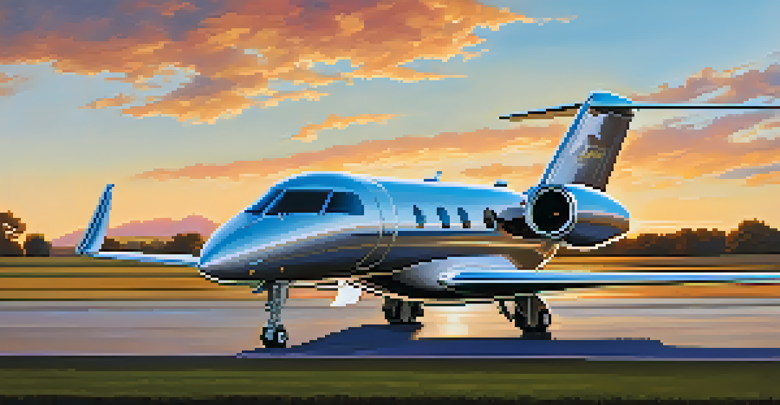 A sleek private jet on a runway at sunset, with clouds in the background and luxury cars parked nearby.