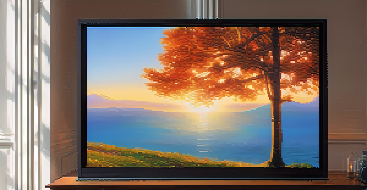 A detailed close-up of a vibrant digital artwork on a screen, with a hand gesturing towards it.