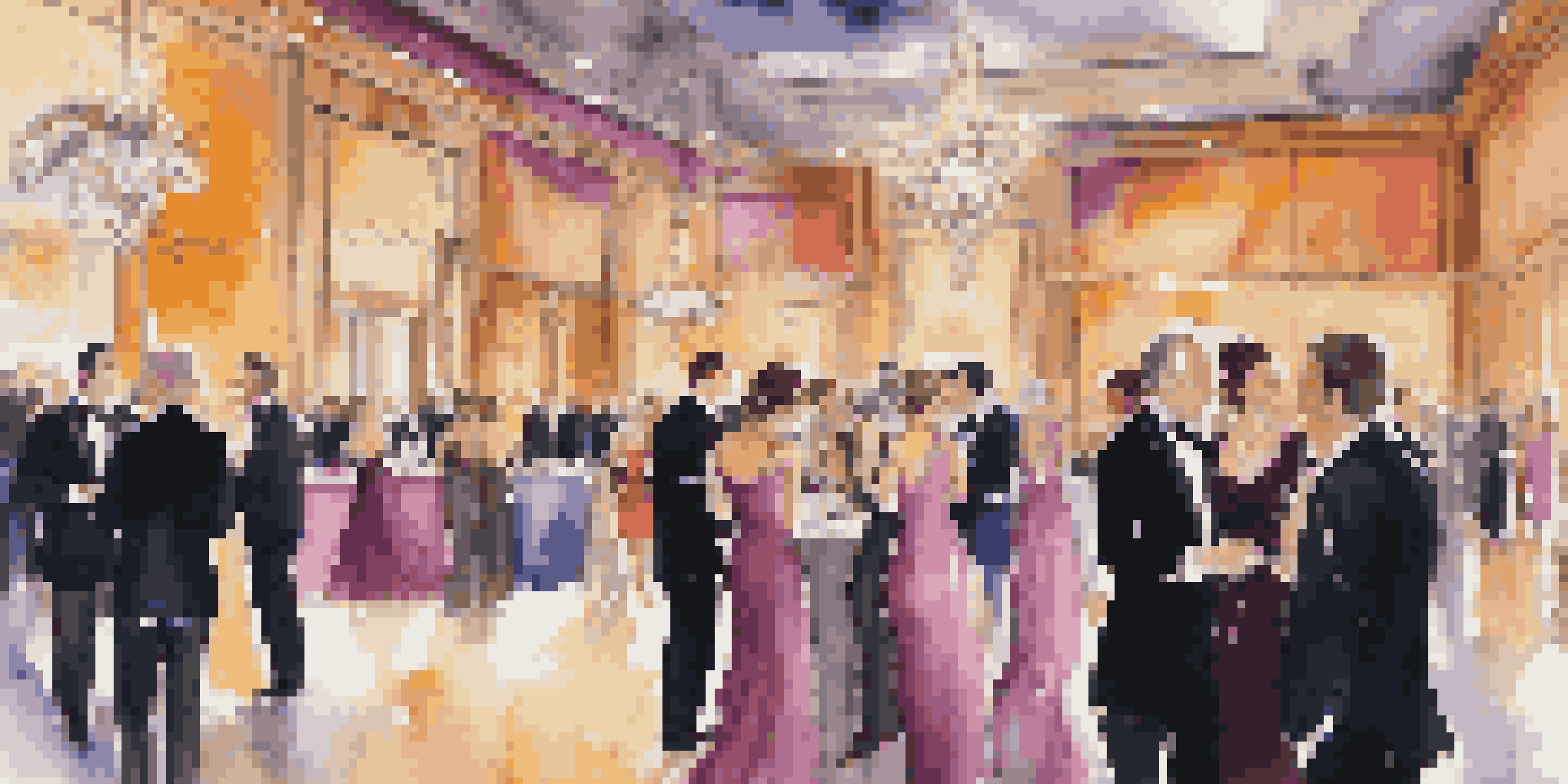 A luxurious gala with elegantly dressed guests engaging with a live art installation amidst warm ambient lighting and lavish decorations.