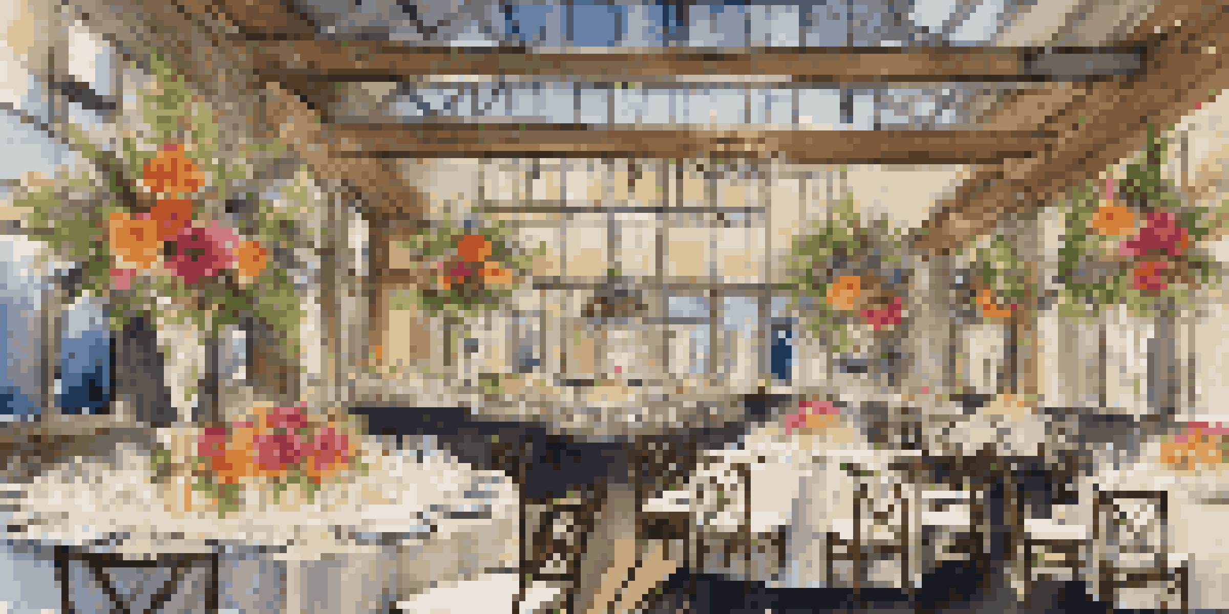 A luxurious gala in an eco-friendly venue with reclaimed wood centerpieces and vibrant flowers, illuminated by warm lighting.