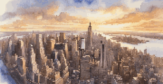 Aerial view of New York City at sunset, featuring famous landmarks illuminated by warm sunlight.