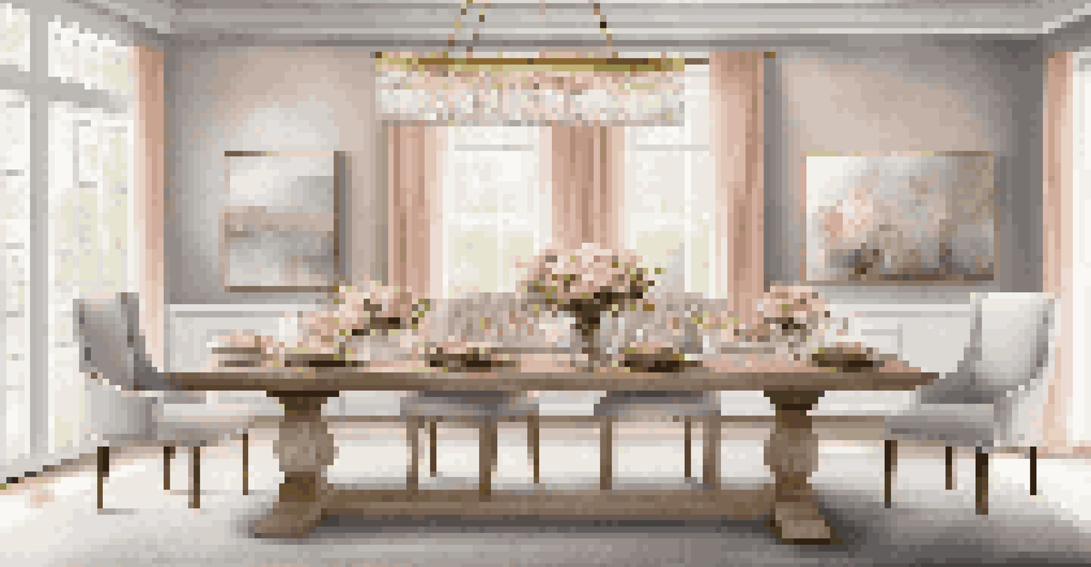 An elegant dining area with a reclaimed wood table, blush upholstered chairs, and a gold-accented chandelier, creating a serene atmosphere.