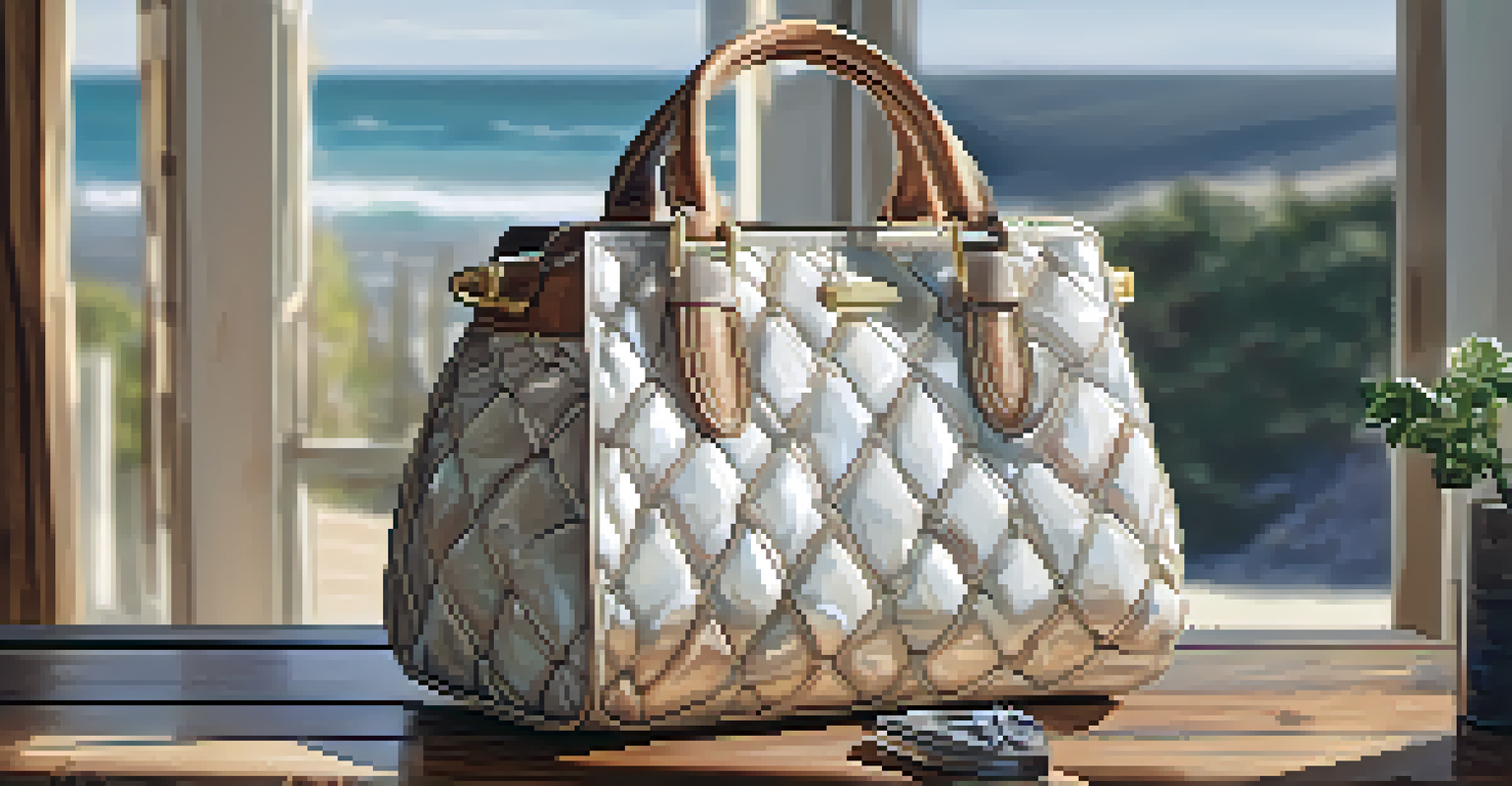 A stylish handbag crafted from recycled ocean plastics, showcasing its texture and craftsmanship against a rustic backdrop.