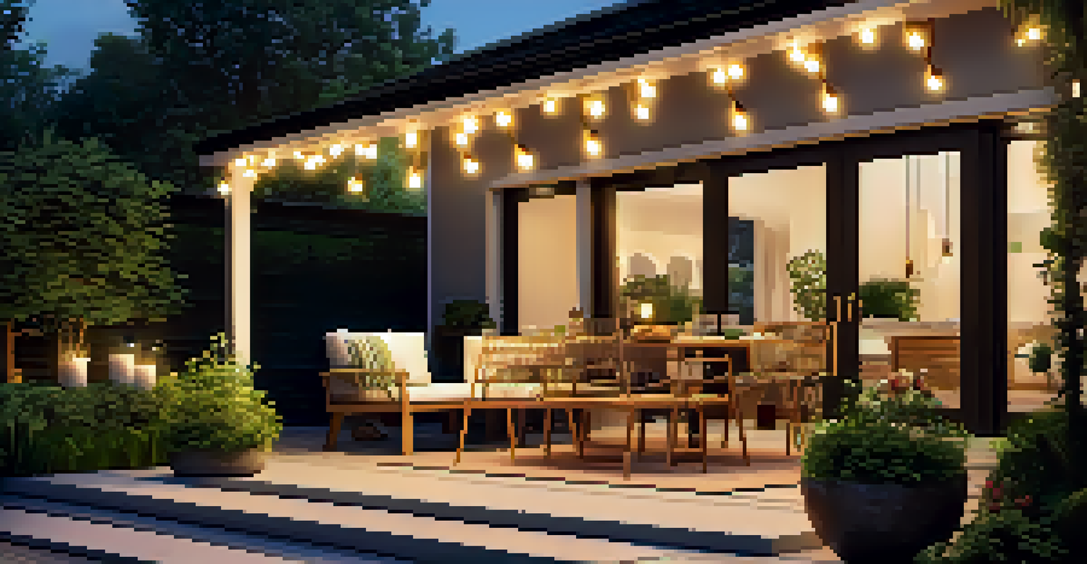 A cozy outdoor patio with string lights and modern furniture, surrounded by a softly illuminated garden.
