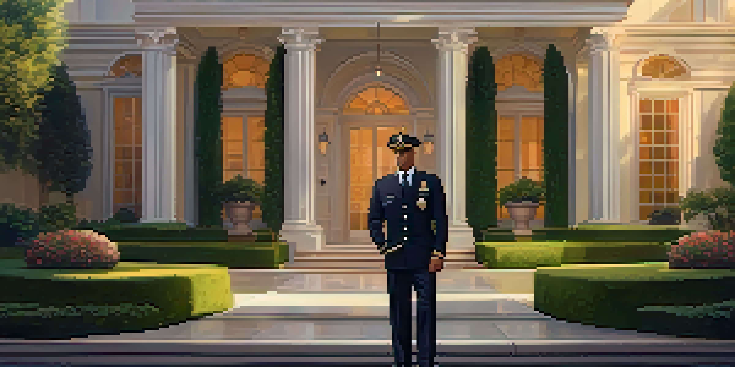 A well-dressed security guard stands at the entrance of a luxurious home, surrounded by beautiful landscaping during sunset.