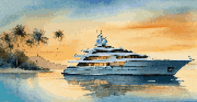 A private yacht anchored in a calm bay at sunset, with golden sunlight reflecting off the water and surrounded by palm trees.