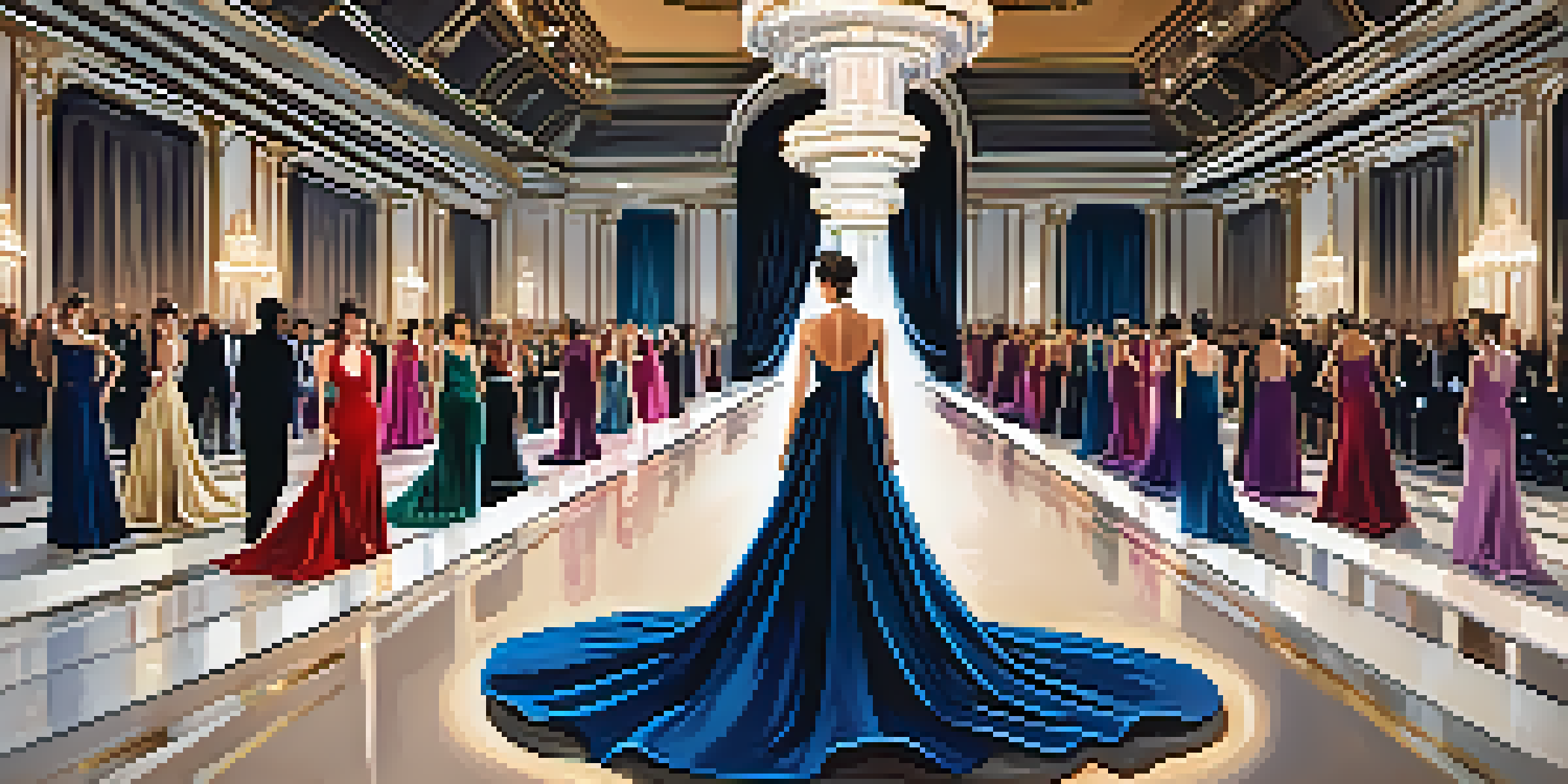 A lavish fashion show with models walking on a runway in an elegant ballroom, surrounded by an audience in stylish attire under beautiful chandeliers.