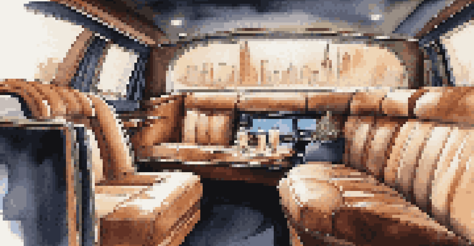 The interior of an elegant limousine with leather seating and a mini bar, ideal for a luxurious travel experience.