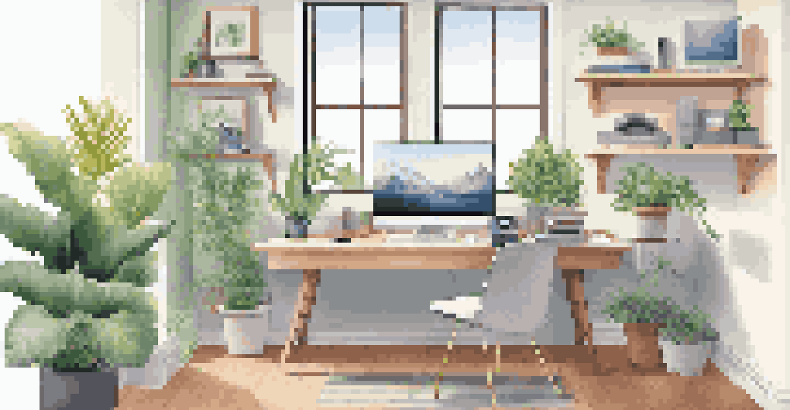 An organized small home office with wireless devices, cloud storage visuals, and plants in a bright color scheme.