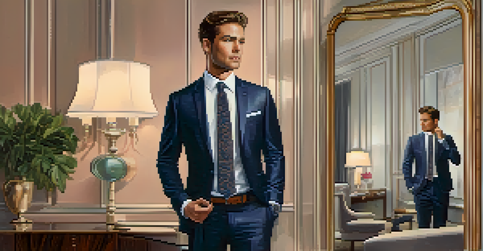 A person adjusting their tie in front of a mirror, with a stylishly decorated room and an elegant outfit in the background.
