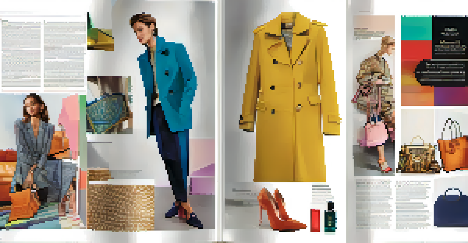 A lifestyle magazine spread featuring a high-end fashion item alongside a budget-friendly outfit, with colorful textures and accessories.