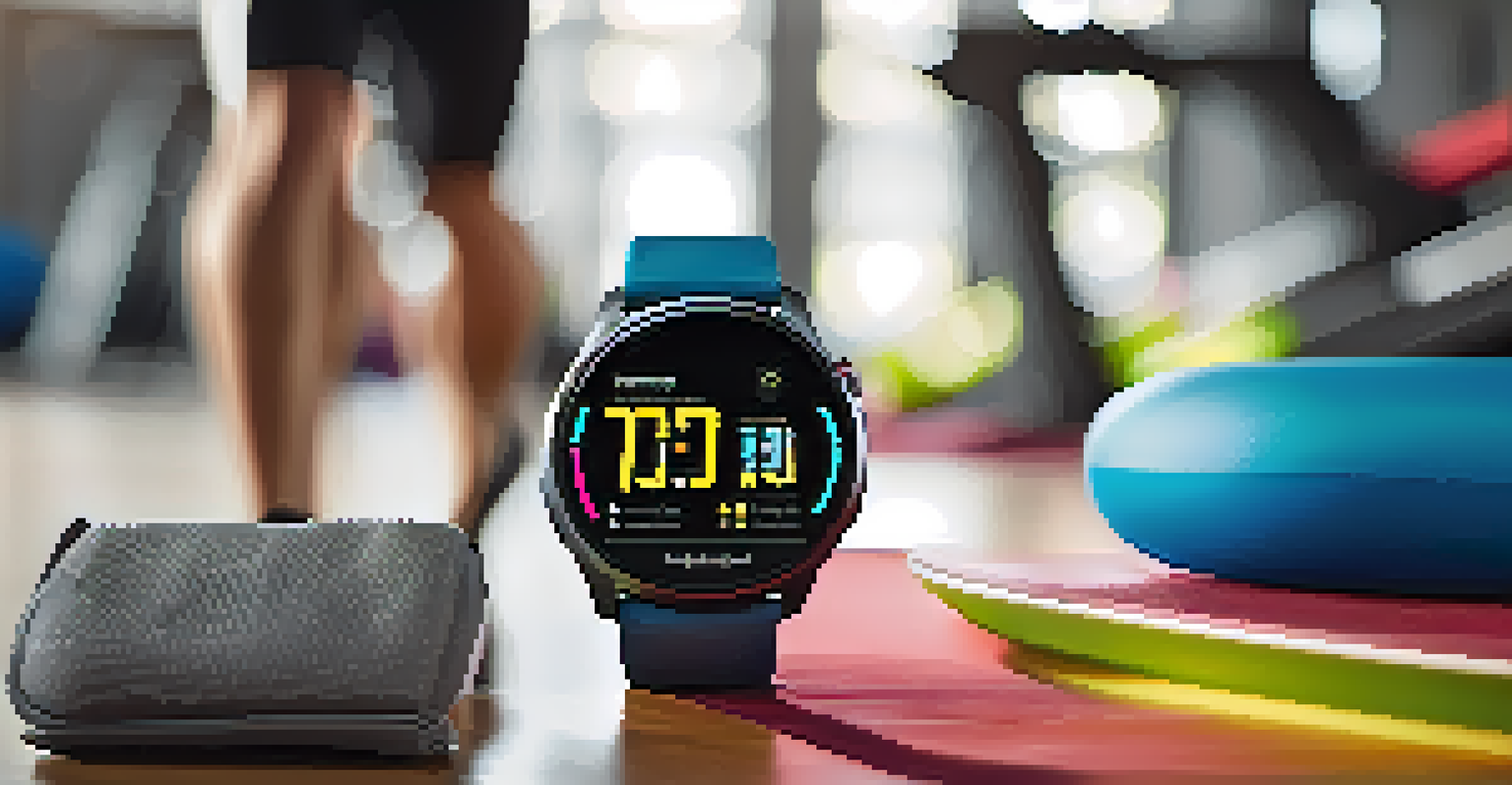 A close-up of a stylish smartwatch displaying fitness metrics in a modern gym with bright natural light.