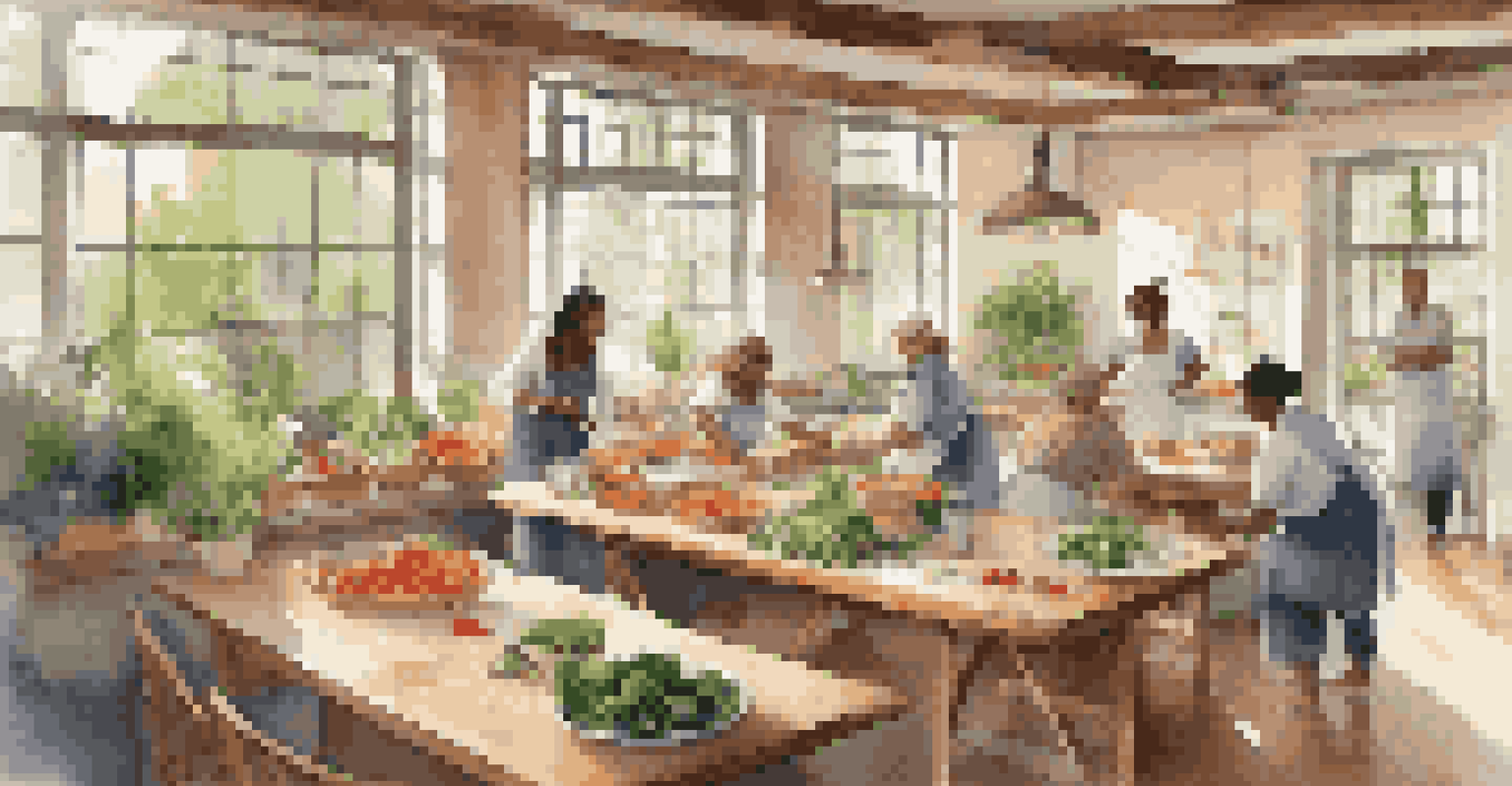 A workshop space for a cooking class with participants preparing organic meals, surrounded by fresh ingredients.