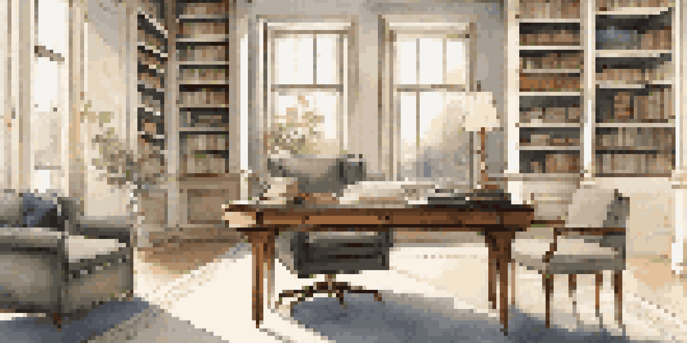 An elegant and luxurious workspace with a wooden desk, high-end stationery, and a laptop, illuminated by natural light from large windows.