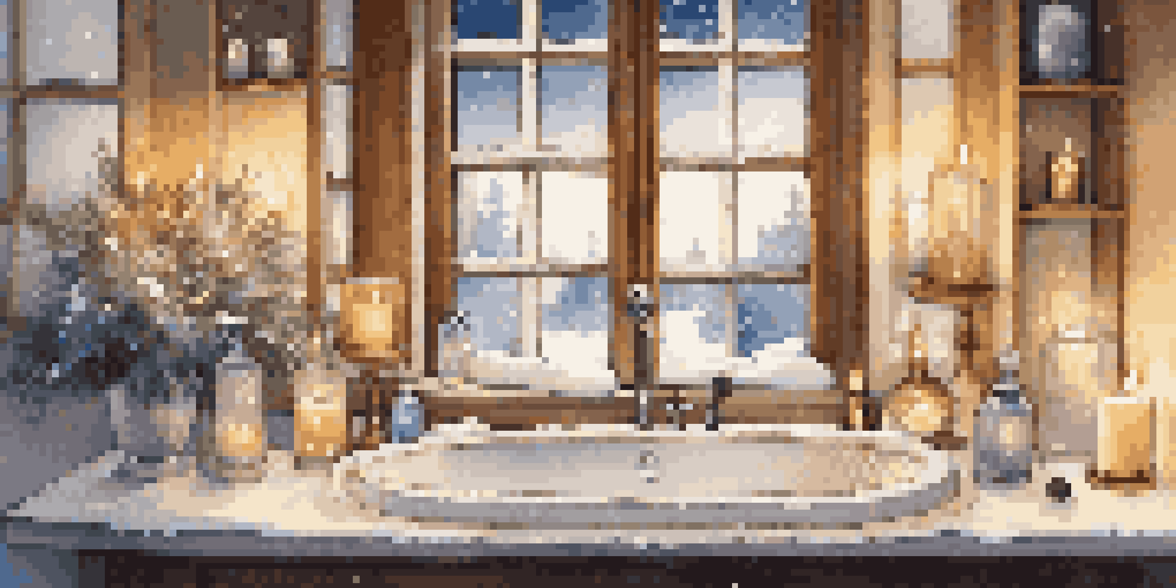 A luxurious bathroom with snow outside, featuring hydrating skincare products on the countertop and warm candlelight.