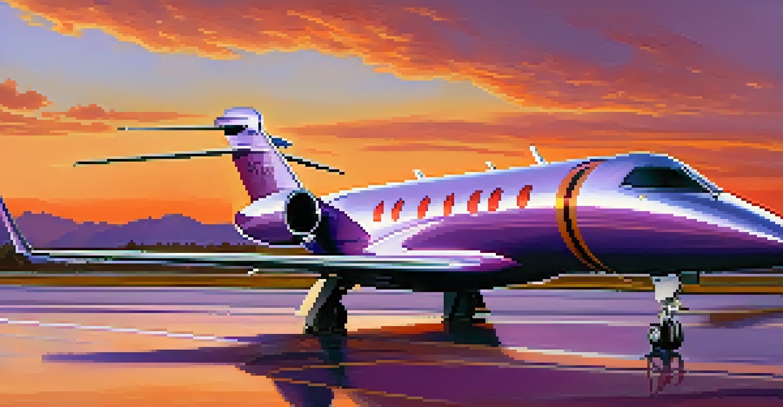 A sleek private jet on a runway during sunset, with vibrant sky colors and a pilot preparing for takeoff.