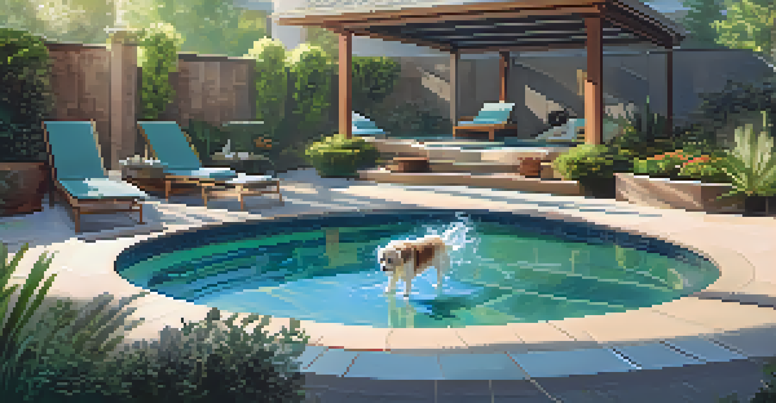 An elderly dog splashing in a small hydrotherapy pool at a luxury pet spa, surrounded by lush greenery and sunlight.