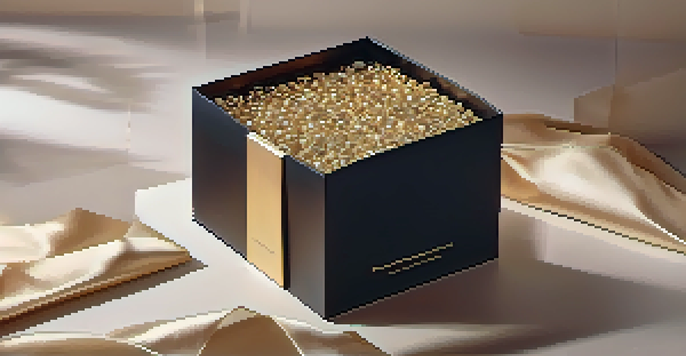 A luxurious black box with gold accents is partially opened, showcasing an elegant product inside, with a warm and soft background.