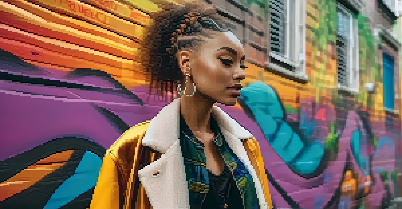 An influencer posing in a rented designer outfit against a graffiti wall in an urban setting, with sunlight filtering through trees.