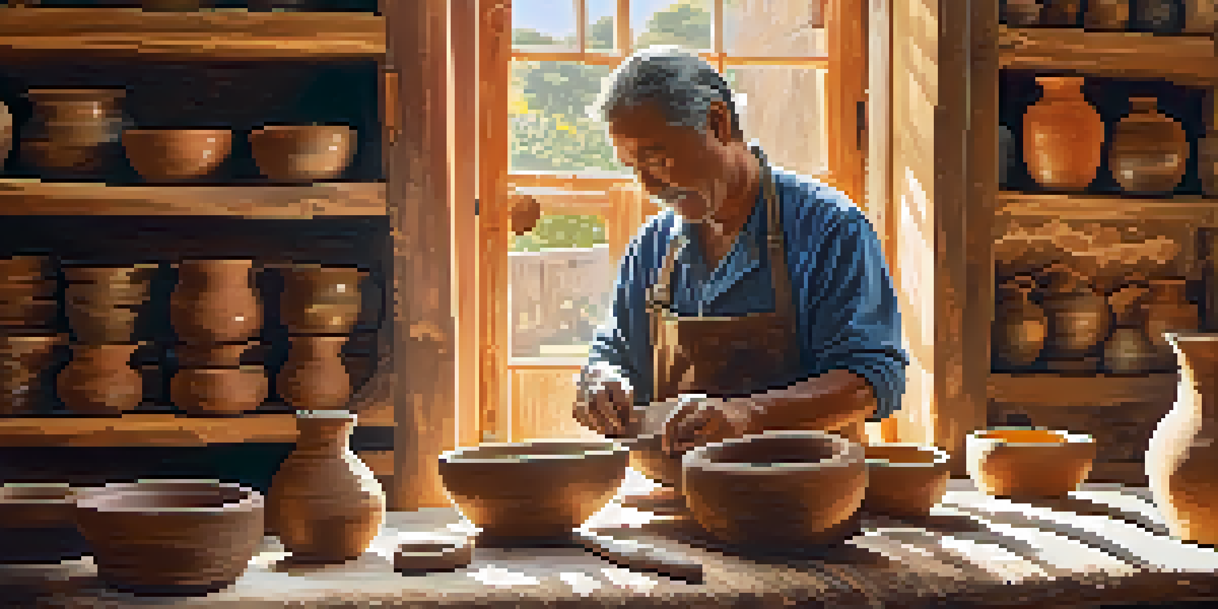 An artisan shaping pottery in a sunlit workshop, surrounded by colorful pottery pieces.