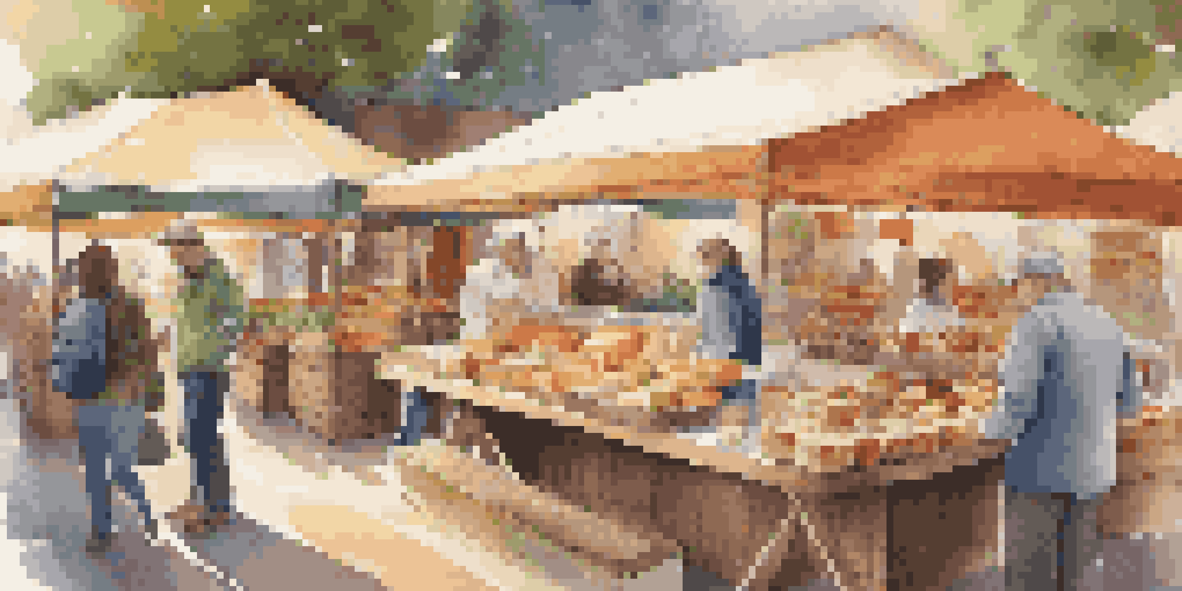 A bustling artisan food market filled with handcrafted cheeses, breads, and jams, with people sampling and interacting with local producers under colorful fabric canopies.
