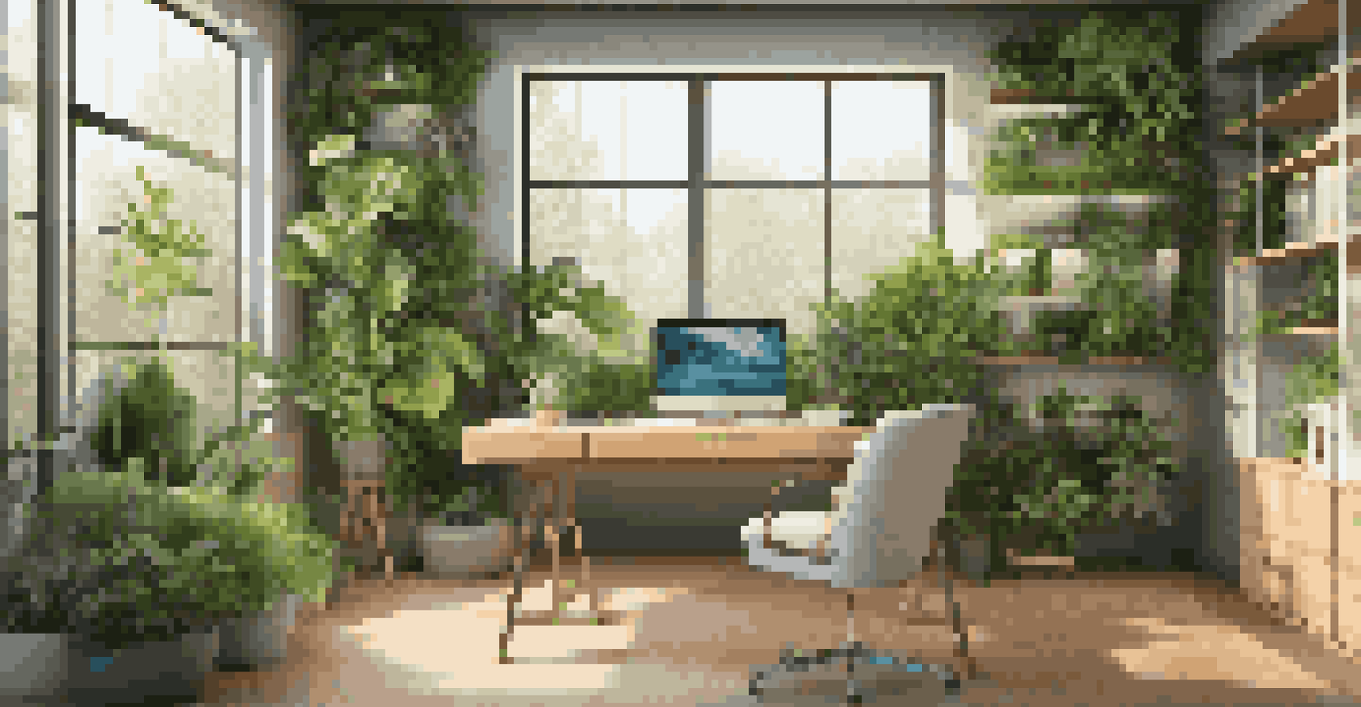 A home office with a living wall of plants, natural wood finishes, and sunlight streaming in.