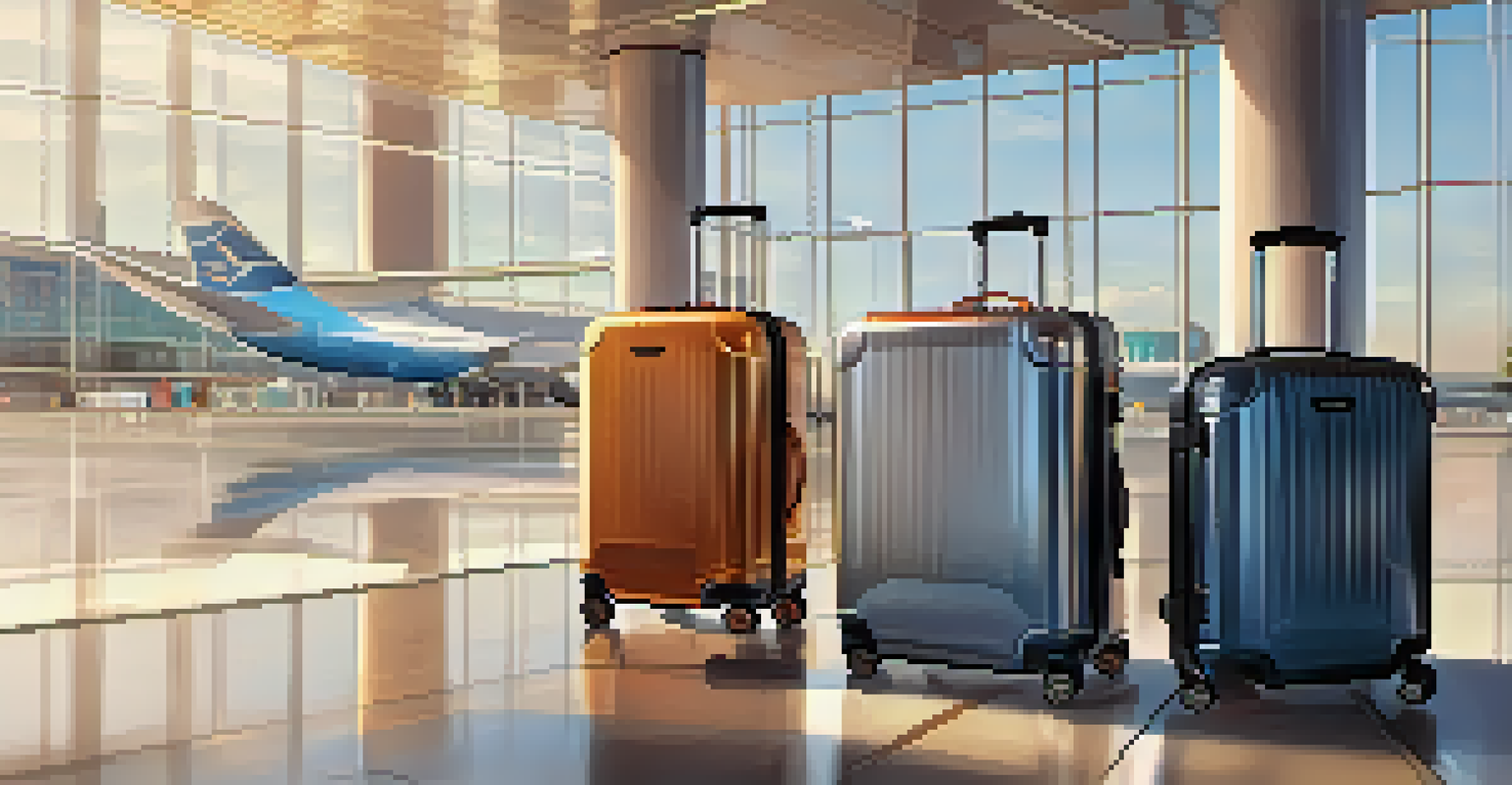 A stylish polycarbonate luggage set with spinner wheels, complemented by packing cubes and a portable charger, in a bright airport terminal.