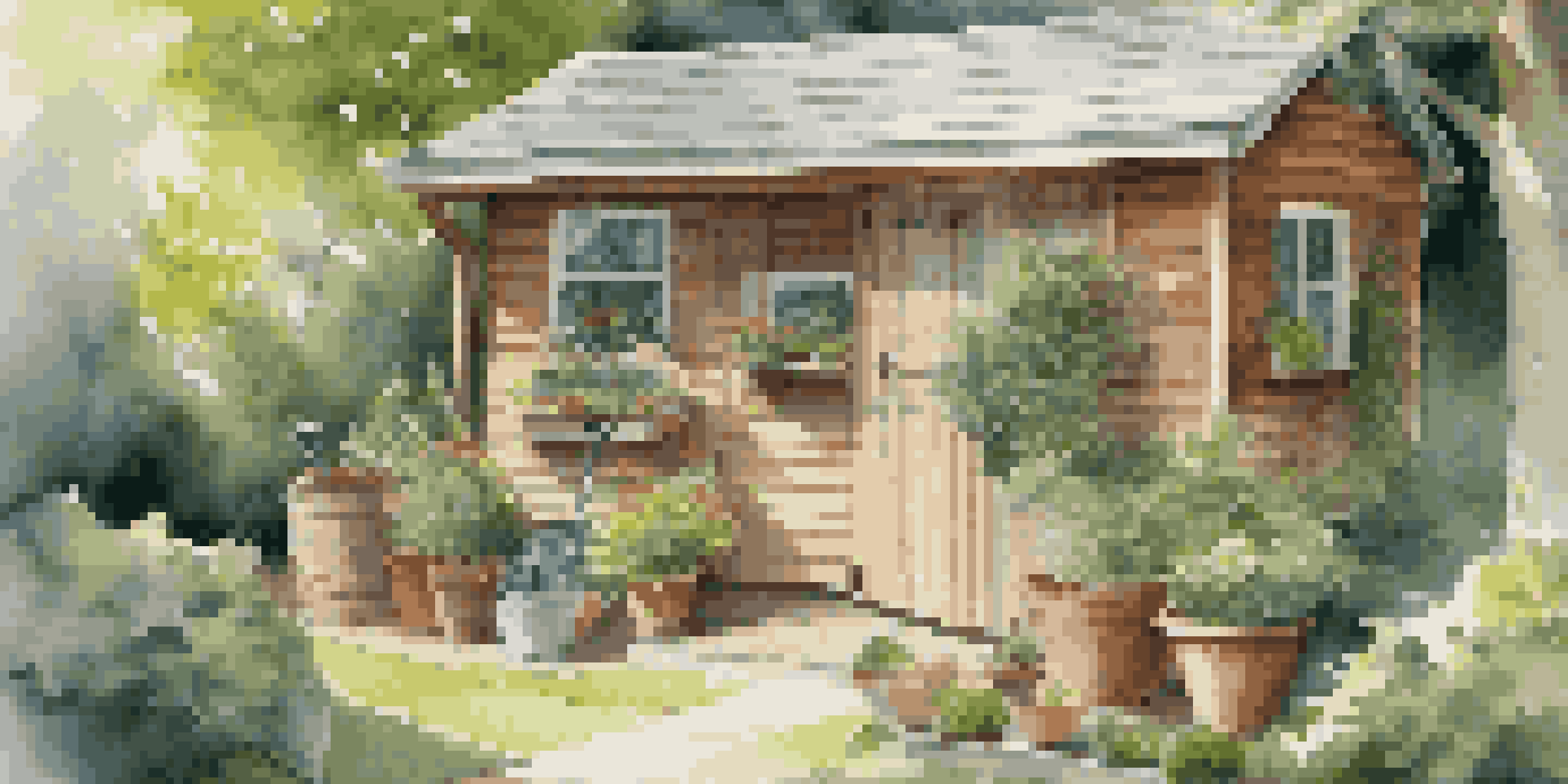 An outdoor storage shed made of wood, filled with gardening tools and surrounded by greenery, with sunlight filtering through the trees.