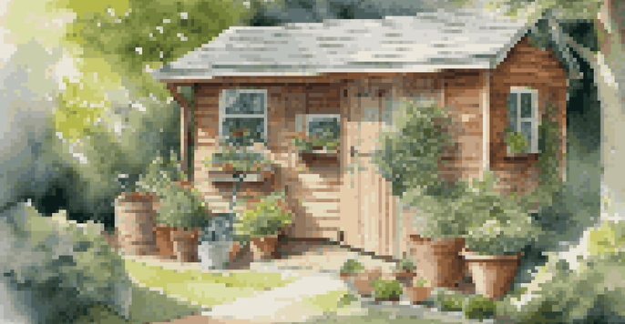 An outdoor storage shed made of wood, filled with gardening tools and surrounded by greenery, with sunlight filtering through the trees.