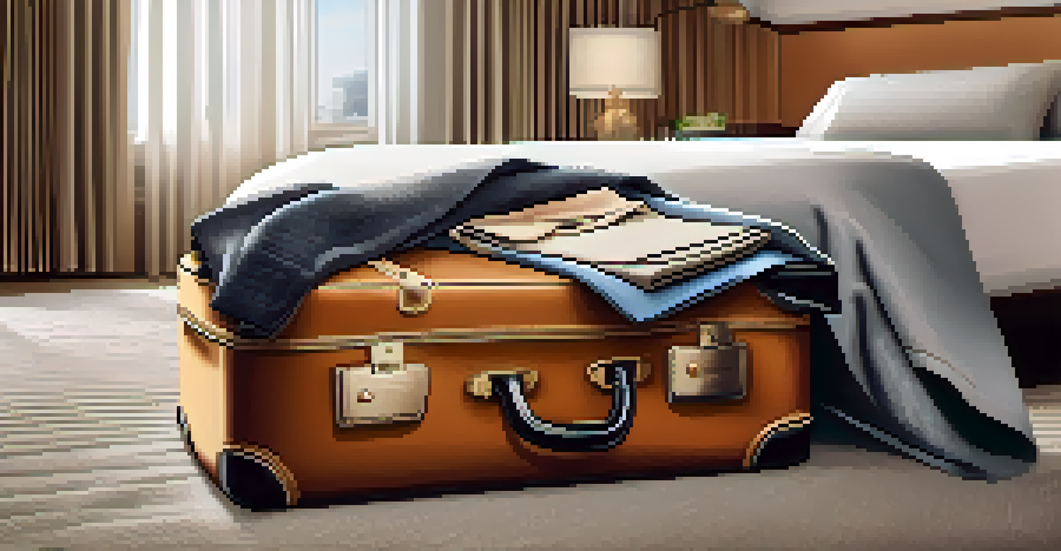 An organized suitcase on a hotel bed with neatly folded clothes and elegant accessories, illuminated by warm light.
