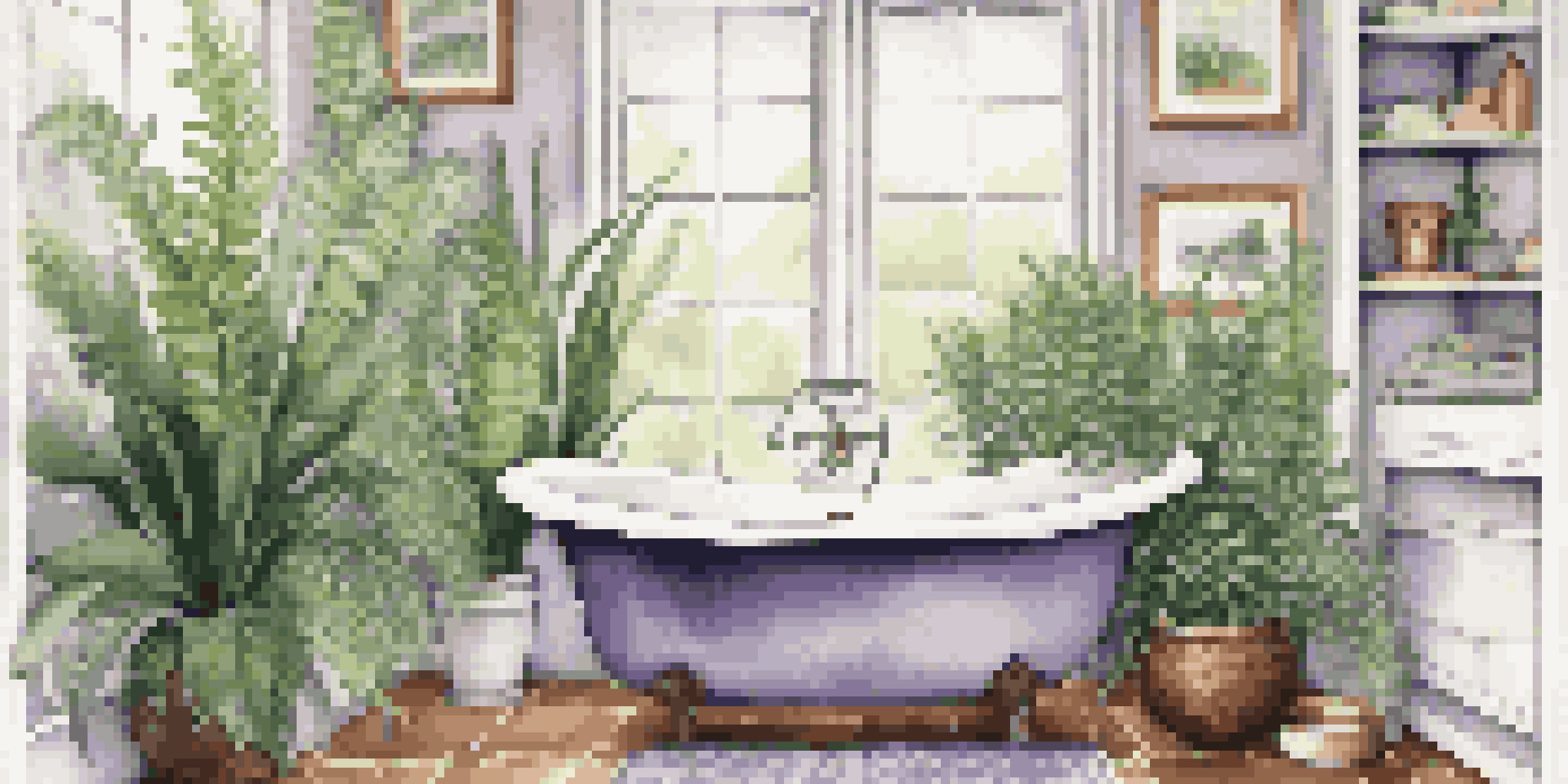 A calming bathroom with a bathtub surrounded by various green plants and lavender sprigs in the water, illuminated by soft natural light.