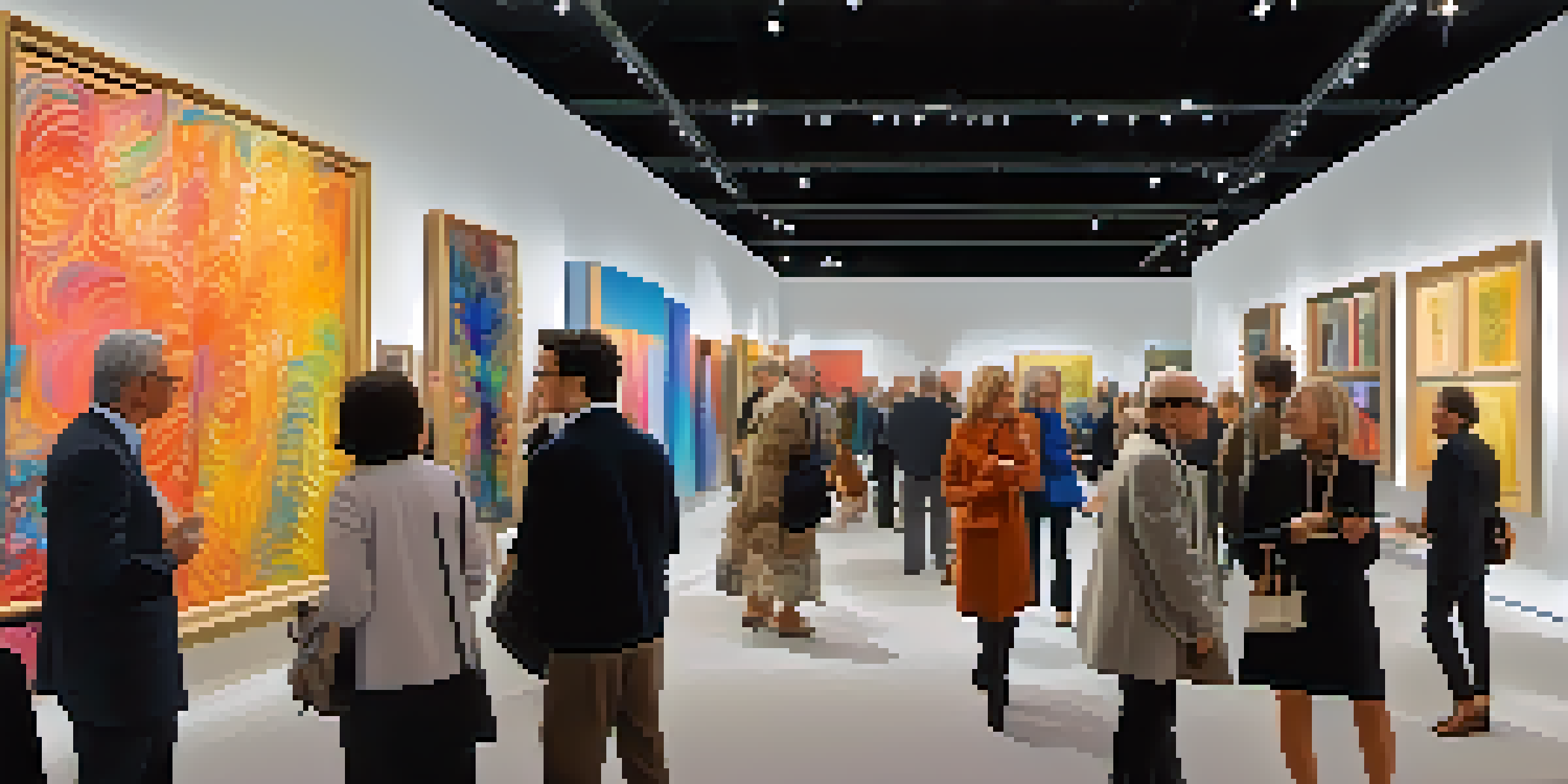 A lively art fair with people discussing art surrounded by colorful art installations and elegant booths.