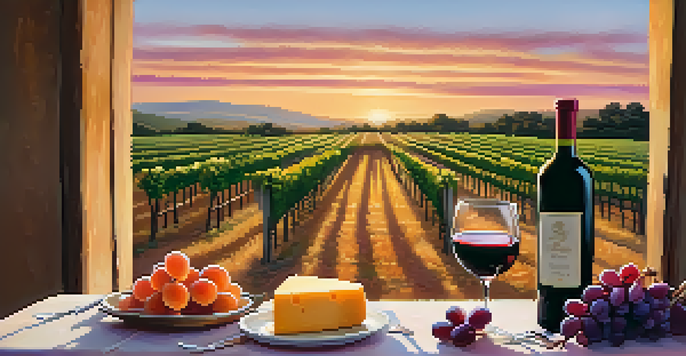 A picturesque vineyard at sunset with rows of grapevines, a rustic wooden table set with wine glasses and a cheese platter, and a colorful sky.