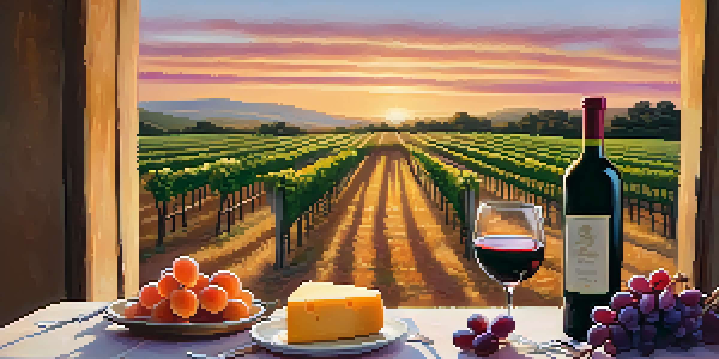 A picturesque vineyard at sunset with rows of grapevines, a rustic wooden table set with wine glasses and a cheese platter, and a colorful sky.