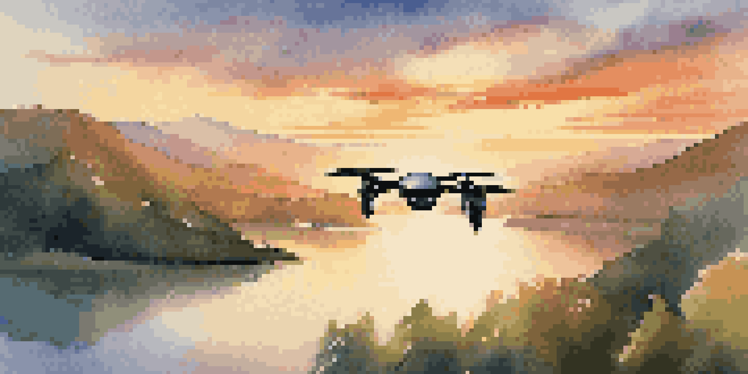 A luxurious drone flying over a beautiful landscape during sunset, with vibrant colors reflected on a calm lake.