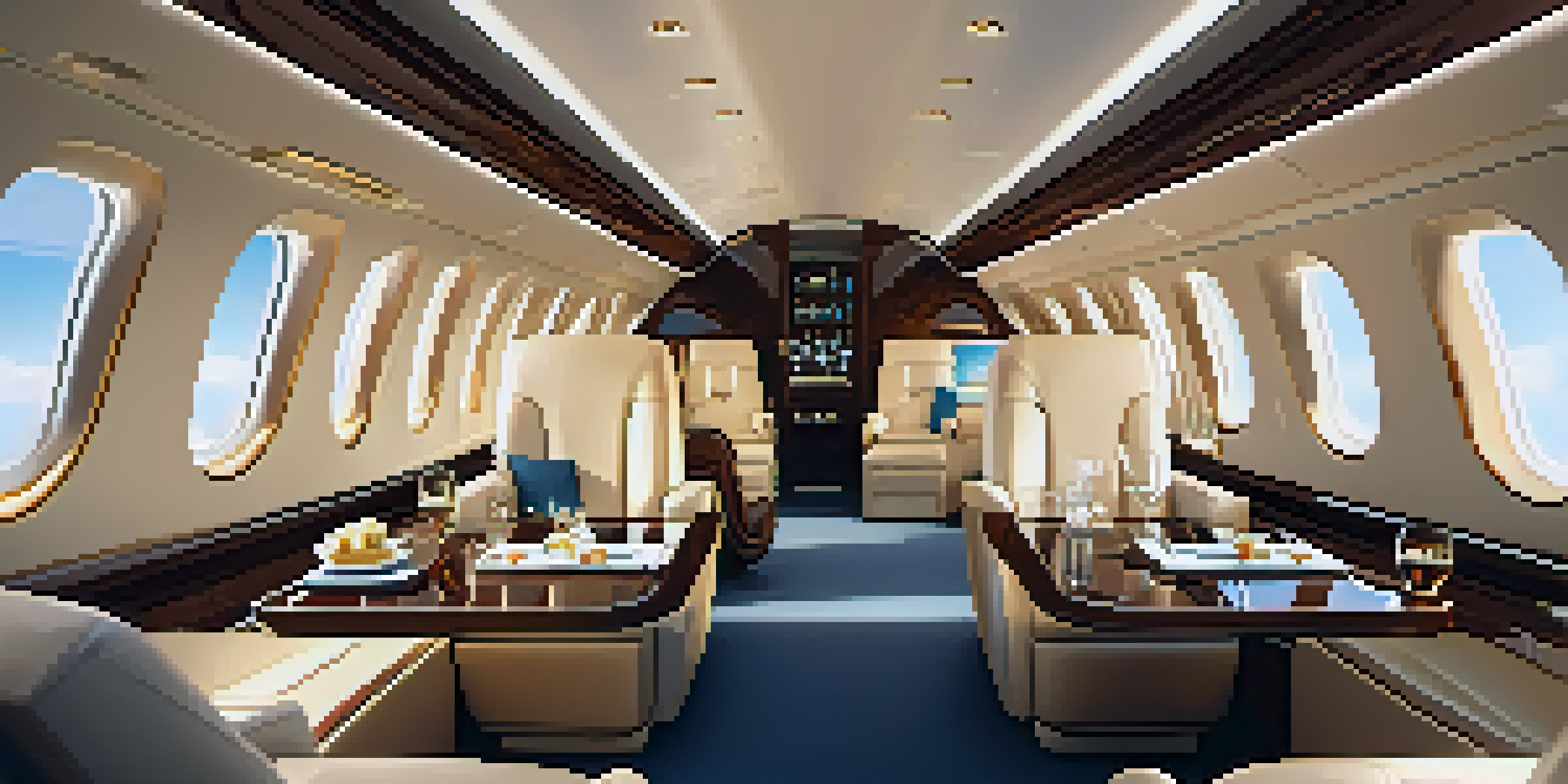 An interior view of a luxurious private jet with plush seats and elegant decor, illuminated by warm lighting.