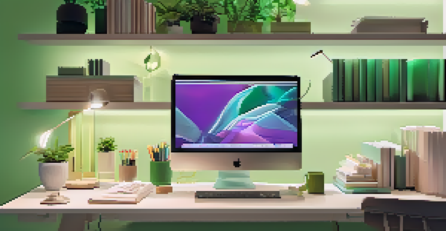An ergonomic workspace with a sit-stand desk, organized shelves, and a modern desk lamp in a calming green and white color scheme.