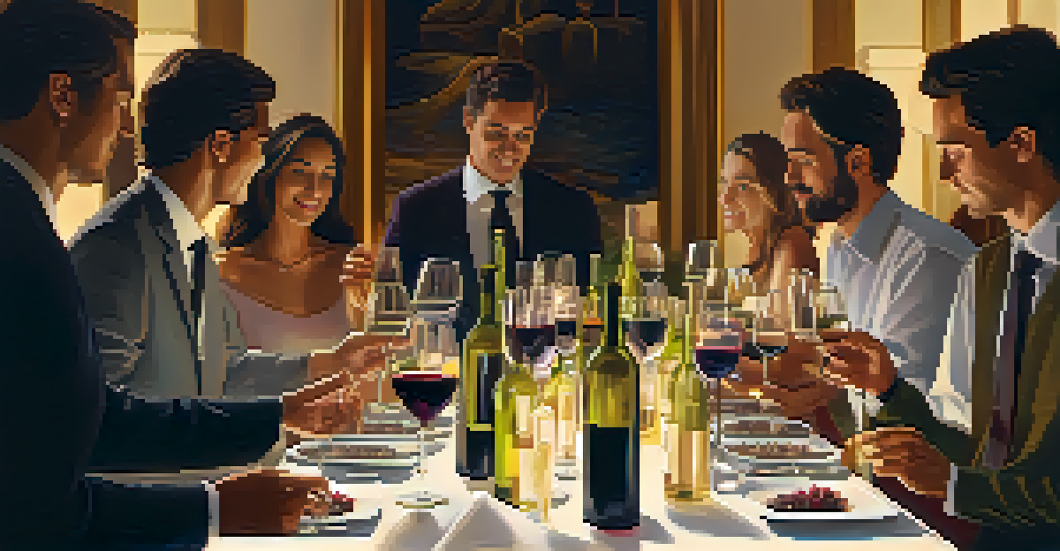 Participants at a wine tasting event, discussing various wines and enjoying gourmet appetizers.